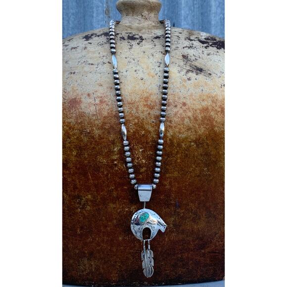 Navajo SS Beaded Necklace with Bear and Feather Pendant by JC Delgarito - Picture 2 of 11